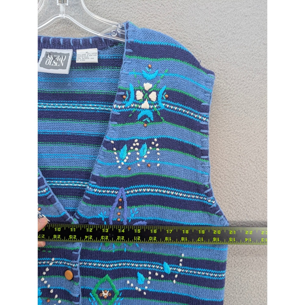 Sigrid Olsen Striped Embroidered Vest Women's XL Cotton Ramie Blue Grannycore - Picture 5 of 8